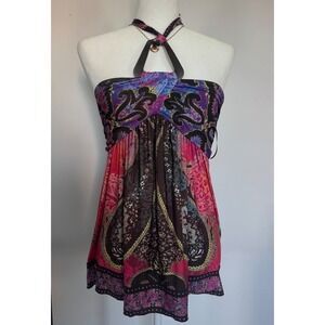 Boston Proper Paisley Halter Top Pink Y2K Boho Babydoll Blouse Womens Medium